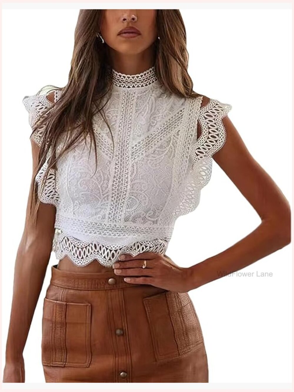 Sleeveless Lace Blouse Elegant Ruffle Trim Summer Top - Picture 1 of 6